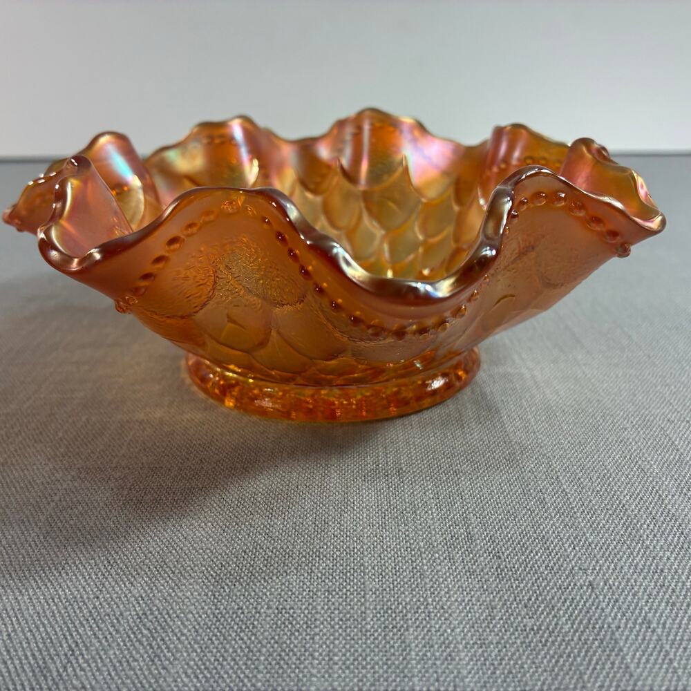 Vintage Marigold Carnival Glass Ruffled Bowl Petal Pattern 6.5 Inch - Picture 2 of 11